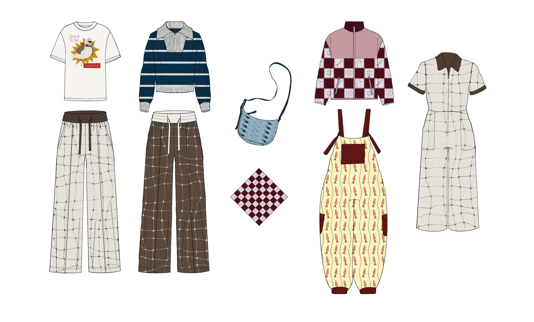 Fish Pattern Design Outfit Mockups (Tech Flats from Adobe Stock or Original)